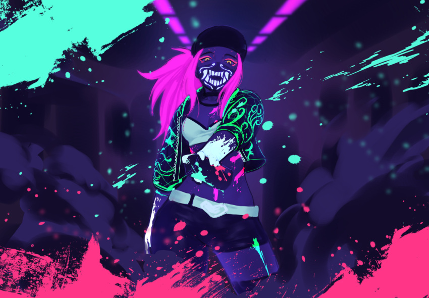 1girl akali baseball_cap belt bra commentary contrapposto cowboy_shot eyeshadow hat heart_belt holding jacket k/da_(league_of_legends) k/da_akali league_of_legends long_hair looking_at_viewer makeup neon_lights open_clothes open_jacket paint_splatter pink_hair ponytail short_shorts shorts siun solo underwear white_belt white_bra yellow_eyes