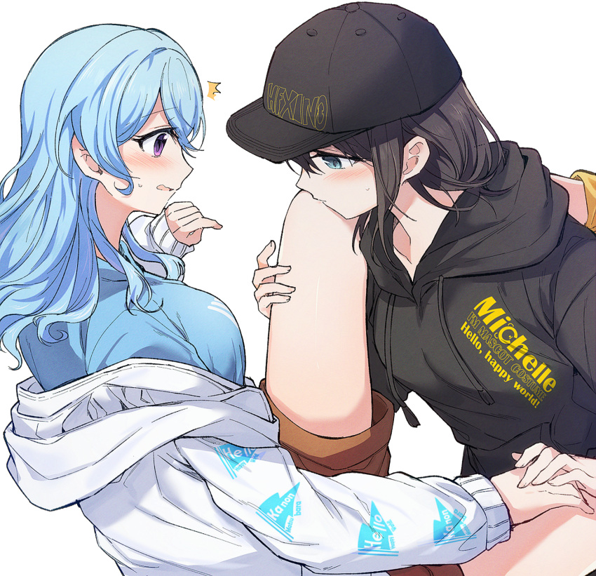 2girls ^^^ aoiro_050 bang_dream! baseball_cap black_hair black_hat black_hoodie blue_hair blue_shirt blush breasts brown_shorts character_name clothes_writing collarbone grey_eyes hair_down hat highres hood hoodie jacket kiss kissing_leg light_blue_hair long_hair long_sleeves looking_at_another matsubara_kanon medium_breasts medium_hair multiple_girls off_shoulder okusawa_misaki open_clothes open_jacket purple_eyes shirt shorts simple_background sleeves_past_wrists sweatdrop white_background white_jacket yuri