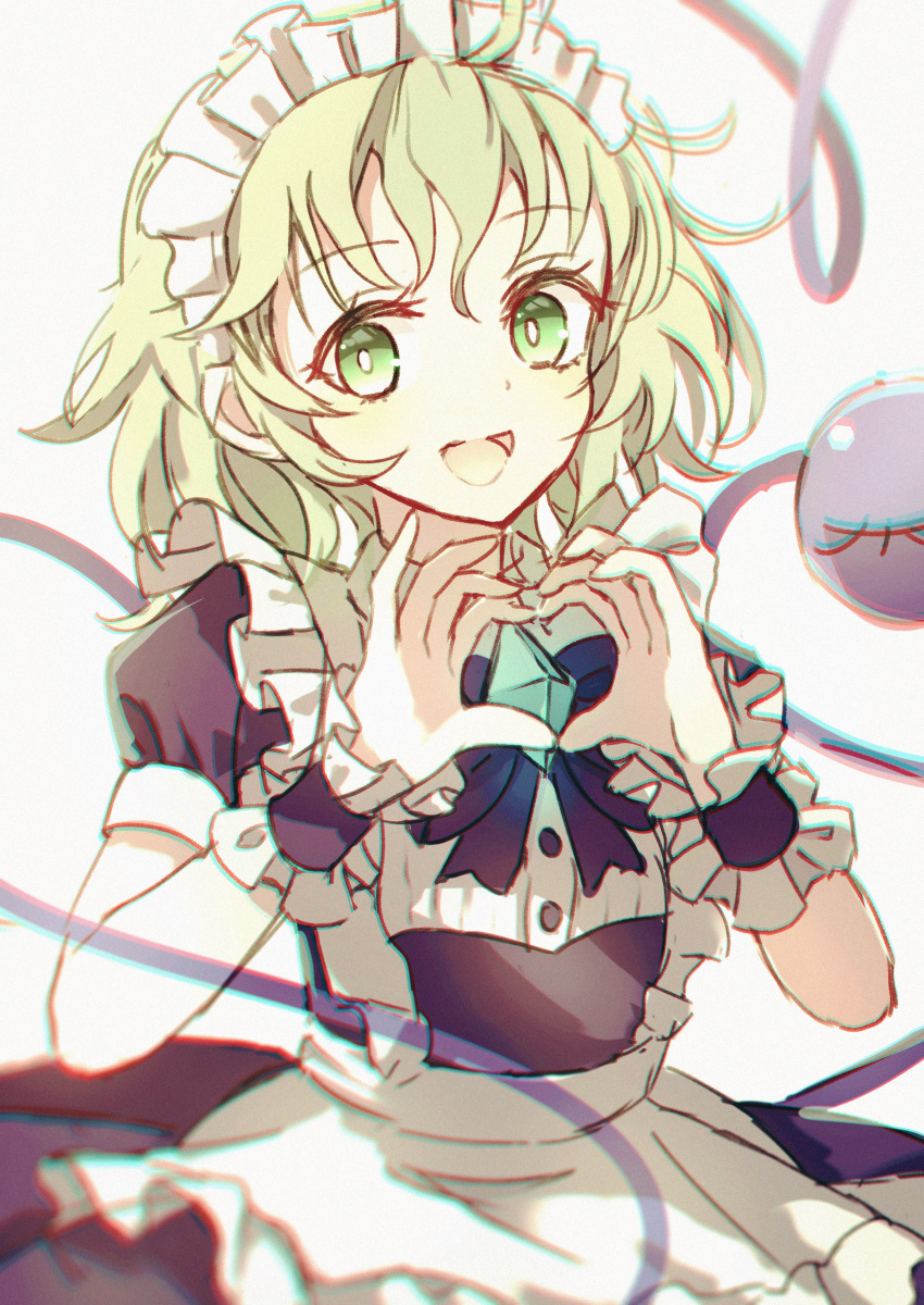 1girl :d absurdres dise_(psychoro) green_eyes green_hair heart heart_hands heart_of_string highres komeiji_koishi looking_at_viewer maid open_mouth short_hair short_sleeves simple_background smile solo third_eye touhou white_background wrist_cuffs