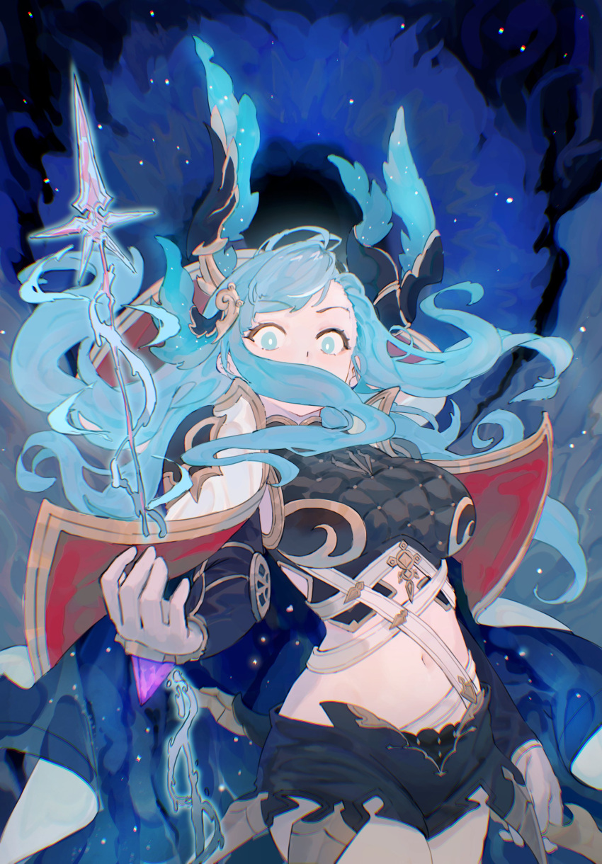 1girl absurdres arrow_(projectile) asymmetrical_bangs blue_eyes blue_hair cape crop_top detached_pants fishofthelakes gloves granblue_fantasy hair_ornament head_wings highres navel shorts solo tweyen_(granblue_fantasy) wings wrist_straps