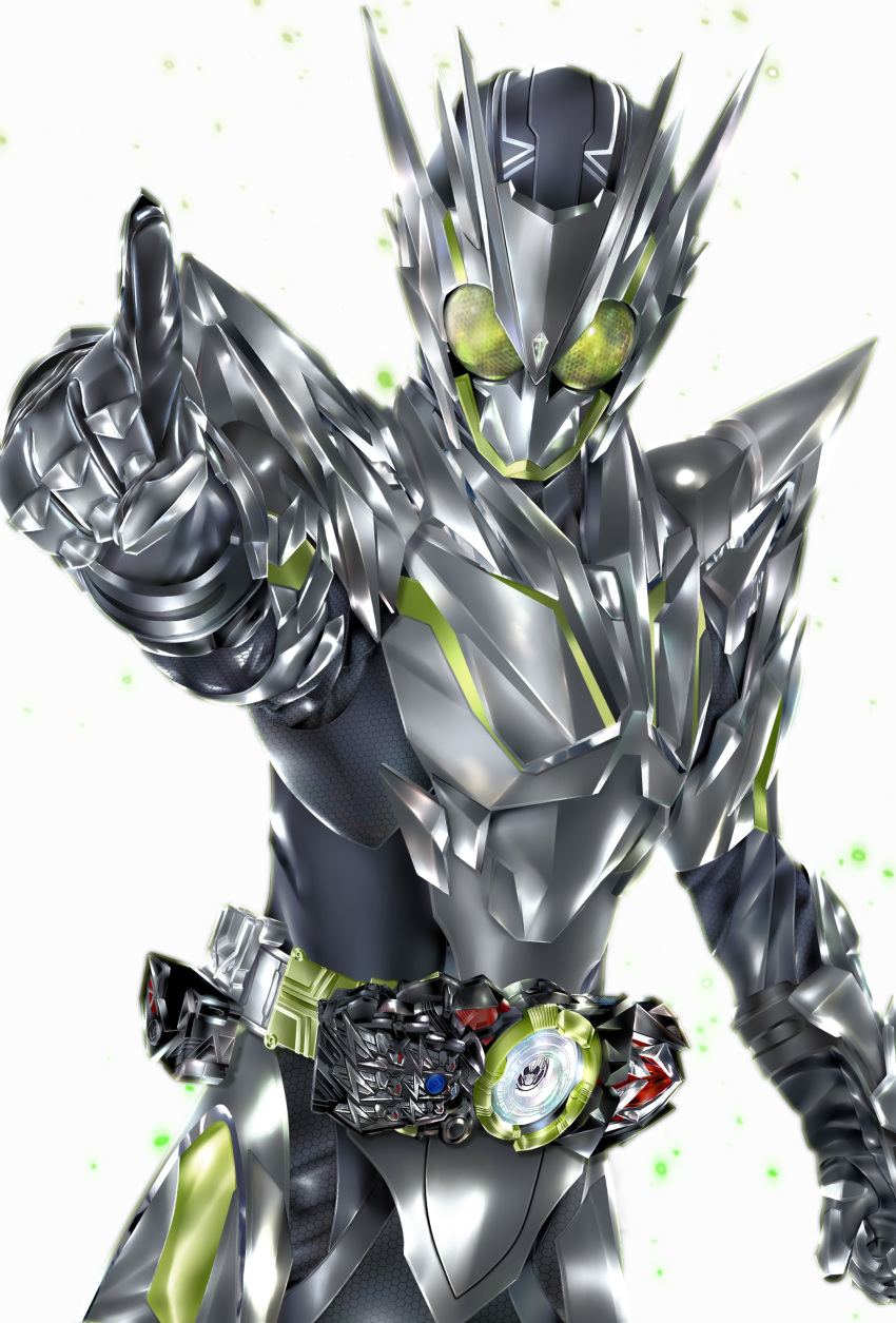 1boy absurdres antennae armor armored_gloves belt compound_eyes cowboy_shot driver_(kamen_rider) gloves green_eyes helmet highres kamen_rider kamen_rider_01_(series) kamen_rider_zero-one kuzurx looking_at_viewer male_focus metalcluster_hopper pointing pointing_at_viewer progrise_key rider_belt silver_bodysuit solo spiked_pauldrons tokusatsu