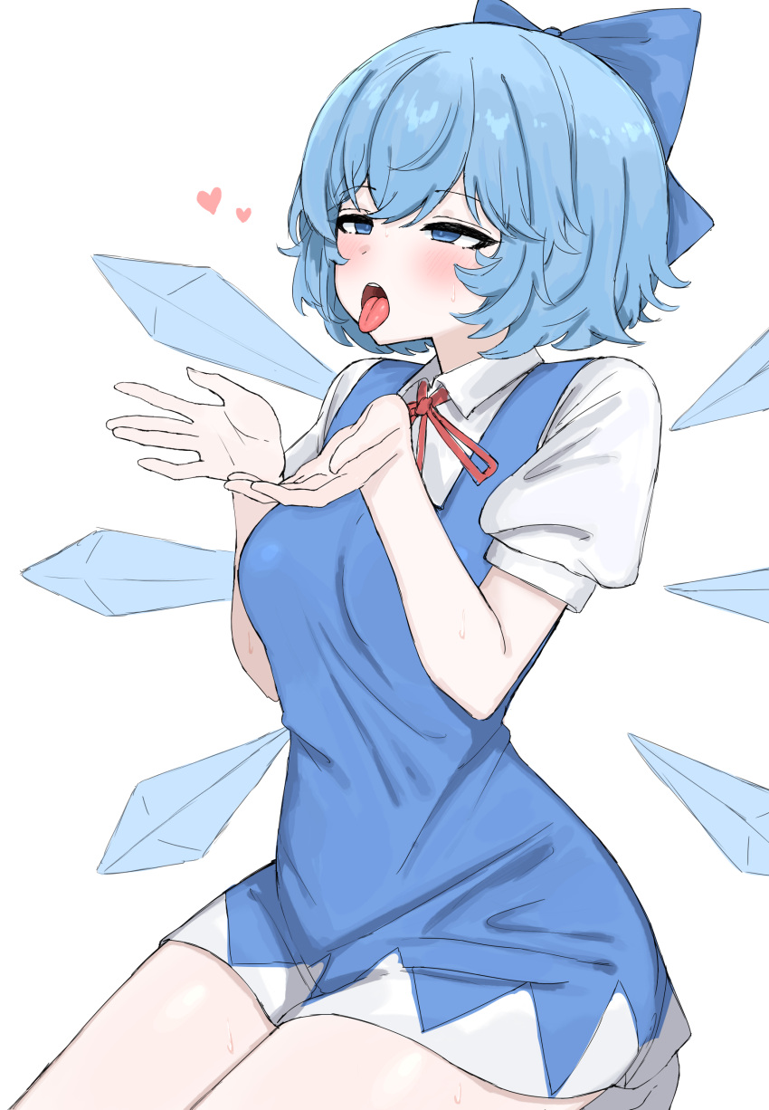 1girl absurdres blue_bow blue_dress blue_eyes blue_hair bow breasts cirno commentary_request dress hair_bow heart highres ice ice_wings kneeling kumiyabe medium_breasts neck_ribbon open_mouth puffy_short_sleeves puffy_sleeves red_ribbon ribbon short_hair short_sleeves simple_background solo sweat thighs tongue tongue_out touhou white_background wings