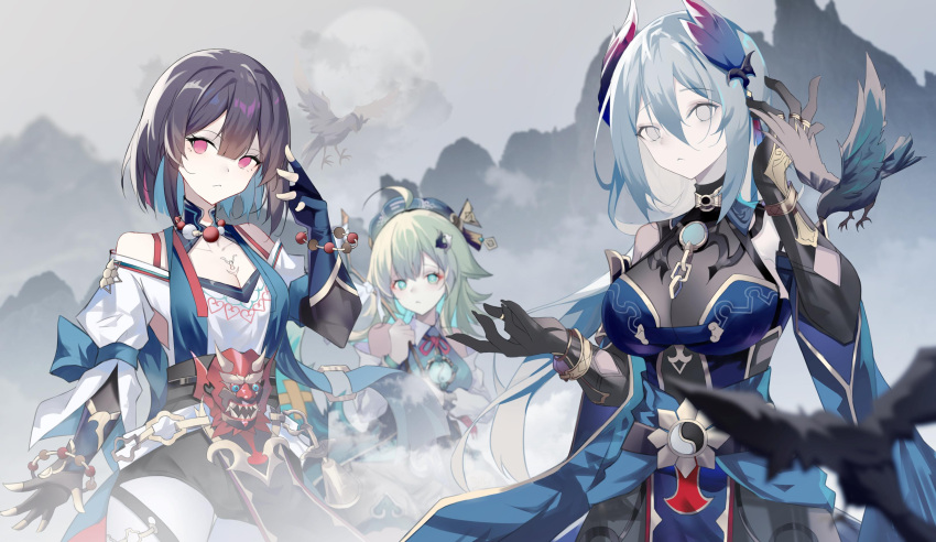 3girls absurdres bare_shoulders bird black_gloves black_hair blue_dress blue_eyes blue_hair breasts cleavage closed_mouth dress gloves green_eyes green_hair grey_eyes grey_hair hair_ornament hanya_(hanya_yashiki) highres huohuo_(honkai:_star_rail) large_breasts long_hair long_sleeves looking_at_viewer mimangr moon multicolored_hair multiple_girls red_eyes seele_vollerei short_hair standing white_dress xueyi_(honkai:_star_rail)