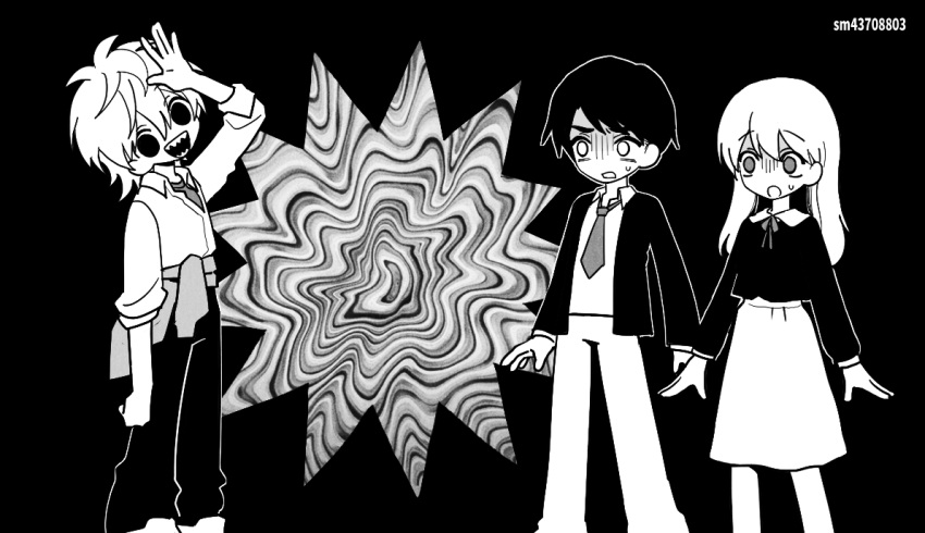 1girl 2boys aono-kun_ni_sawaritai_kara_shinitai aono_ryuuhei arm_up clothes_around_waist collared_shirt empty_eyes fujimoto_masayoshi greyscale jacket jacket_around_waist jihecchi kariya_yuri long_hair long_sleeves looking_at_viewer mesmerizer_(vocaloid) monochrome multiple_boys necktie open_mouth pants scared sharp_teeth shirt skirt smile standing sweat teeth