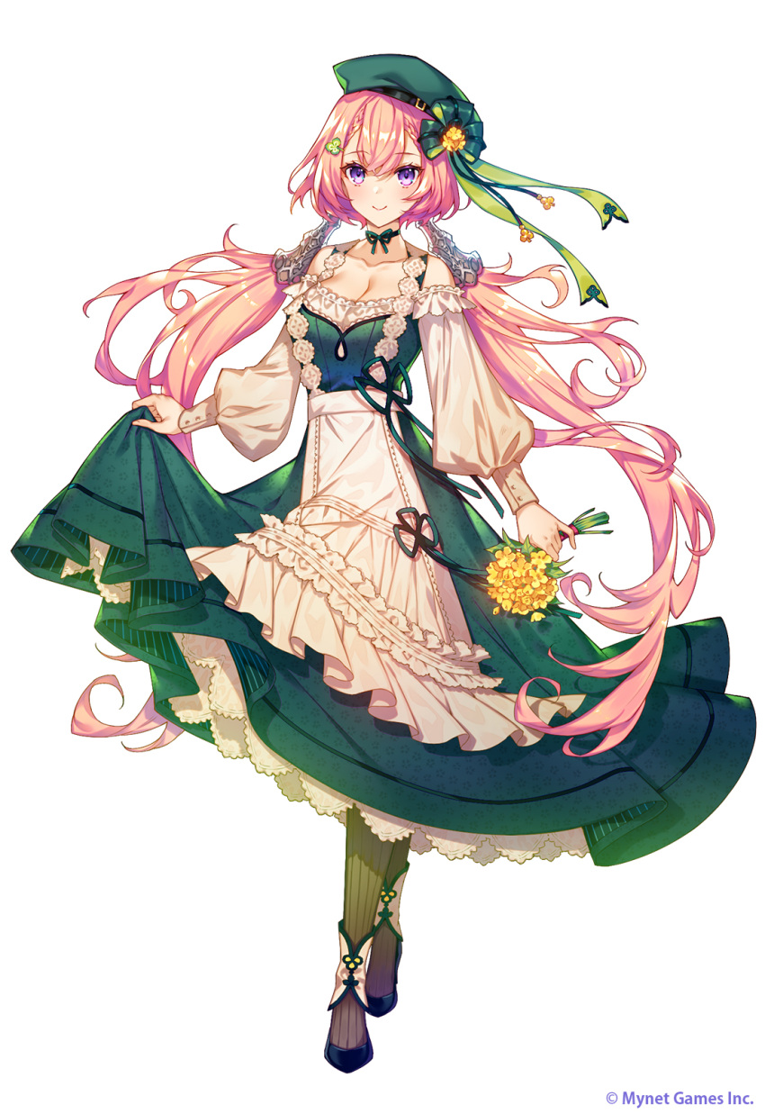 1girl age_of_ishtaria apron black_footwear blush braid brandt_(age_of_ishtaria) breasts choker cleavage clothing_cutout dress flower frilled_apron frills full_body green_choker green_dress green_hat hair_flower hair_ornament hat highres holding holding_clothes holding_flower large_breasts loafers long_hair long_sleeves looking_at_viewer low_twintails munlu_(wolupus) official_art pink_hair puffy_long_sleeves puffy_sleeves purple_eyes ribbon_choker shoes simple_background solo standing twintails white_apron white_background