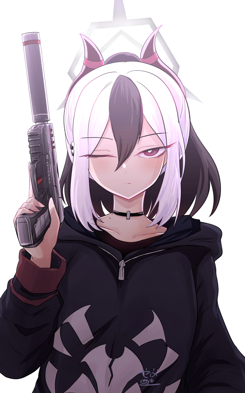 1girl absurdres black_choker black_hair black_hoodie black_horns blue_archive choker collarbone demon_horns ear_piercing earclip grey_halo gun h&amp;k_p30 hair_between_eyes halo handgun highres holding holding_gun holding_weapon hood hood_down hoodie horns kayoko_(blue_archive) long_sleeves mole mole_on_neck multicolored_hair one_eye_closed piercing ponytail red_eyes shirt sleeveless sleeveless_shirt solo suppressor two-tone_hair weapon white_hair yabunoki