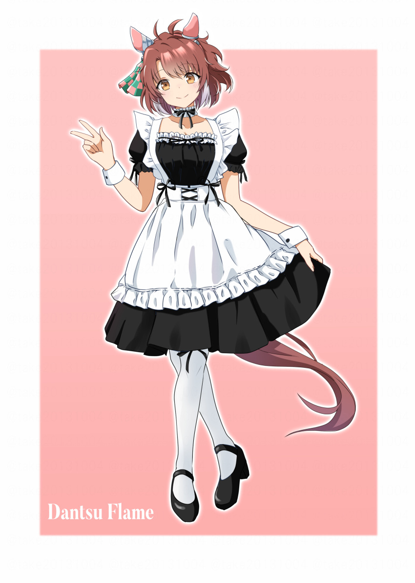1girl absurdres ahoge alternate_costume animal_ears blush breasts brown_eyes brown_hair character_name cleavage collarbone commentary_request dantsu_flame_(umamusume) enmaided highres horse_ears horse_girl horse_tail looking_at_viewer maid medium_breasts medium_hair open_mouth pantyhose smile solo standing tail take20131004 umamusume