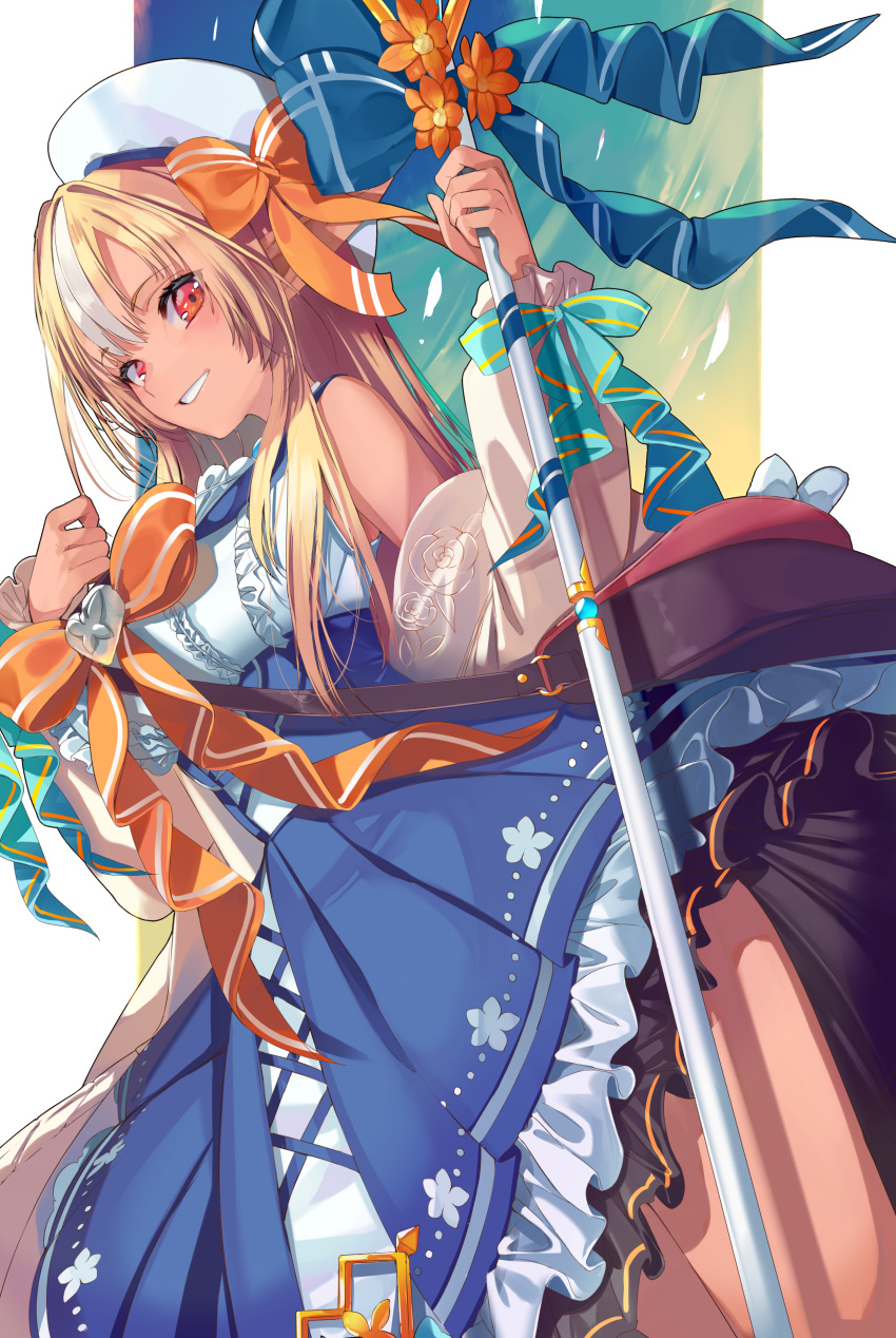 1girl absurdres blonde_hair blush bow breasts cleavage dark-skinned_female dark_elf dark_skin elf hair_bow highres hololive large_breasts long_hair looking_at_viewer multicolored_hair open_mouth pointy_ears red_eyes shiranui_flare sidelocks smile solo streaked_hair virtual_youtuber white_hair yuutarou_(fukiiincho)