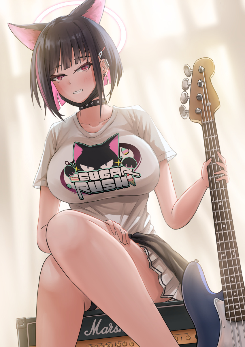 1girl absurdres animal_ears black_choker black_mask blue_archive blush breasts cat_ears choker colored_inner_hair guitar halo hand_on_own_leg highres holding holding_guitar holding_instrument instrument kazusa_(band)_(blue_archive) kazusa_(blue_archive) large_breasts looking_at_viewer mask mouth_mask multicolored_hair official_alternate_costume panzerboy pink_hair pink_halo red_eyes shirt short_hair skirt smile solo white_shirt white_skirt