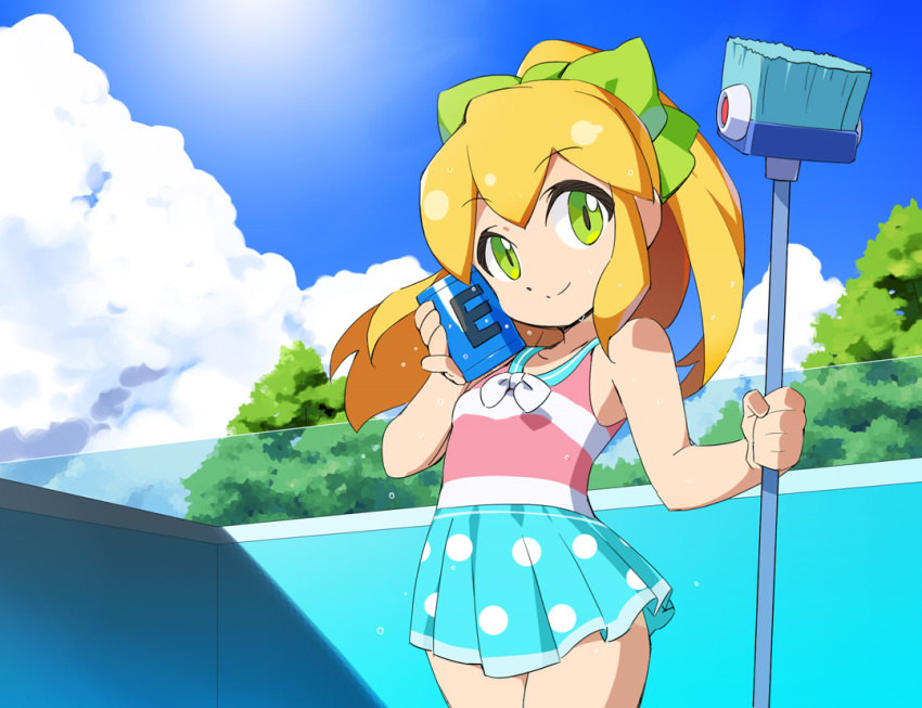 1girl blonde_hair blue_skirt bow brush can casual_one-piece_swimsuit cleaning_brush closed_mouth cloud day empty_pool energy_tank green_eyes hair_bow holding holding_can kaidou_zx long_hair mega_man_(classic) mega_man_(series) one-piece_swimsuit outdoors ponytail pool ribbon roll_(mega_man) skirt sky smile soda_can solo standing striped striped_swimsuit swimsuit swimsuit_skirt two-tone_swimsuit