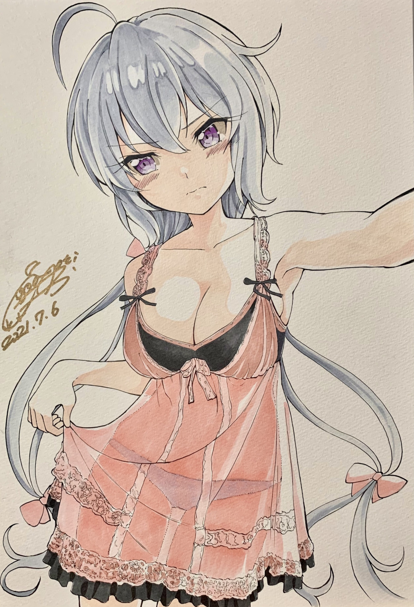 1girl absurdres ahoge armpits artist_name bare_shoulders blush bow breasts cleavage closed_mouth collarbone cototiworld dated eyebrows_visible_through_hair hair_bow highres large_breasts lingerie long_hair looking_at_viewer negligee panties purple_eyes see-through senki_zesshou_symphogear shiny shiny_hair solo traditional_media twintails underwear white_hair white_panties yukine_chris