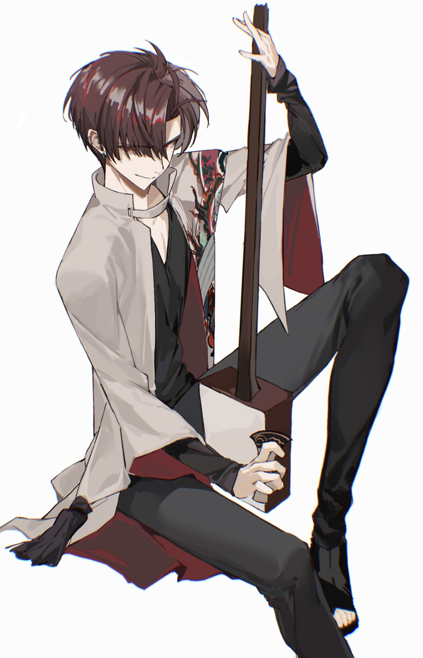 1boy black_pants black_shirt dragon_print earrings fate/grand_order fate_(series) full_body hair_over_one_eye highres holding instrument jacket jewelry long_sleeves looking_at_viewer male_focus muki_(muki_kunxd) pants red_eyes red_hair shamisen shirt short_hair sitting smile solo takasugi_shinsaku_(fate) takasugi_shinsaku_(first_ascension)_(fate) white_background white_jacket