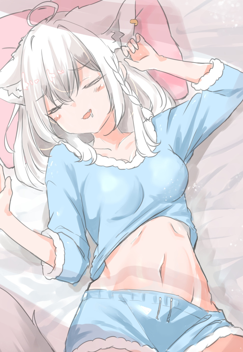 1girl absurdres ahoge animal_ear_fluff animal_ears blue_pajamas blush braid breasts commentary_request drooling earrings fox_ears fox_girl fox_tail hair_between_eyes highres hololive housaku0000 jewelry long_hair lying medium_breasts navel on_back on_bed open_mouth pajamas shirakami_fubuki sidelocks single_braid sleeping solo tail virtual_youtuber white_hair