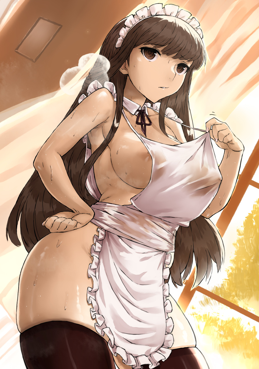 1girl absurdres apron blush breasts brown_eyes brown_hair cowboy_shot dripping frilled_apron frills hand_on_own_hip haraya_manawari highres hot large_breasts long_hair maid maid_apron maid_day maid_headdress naked_apron nipples original see-through sideboob solo standing steaming_body sweat thighhighs waist_apron white_apron