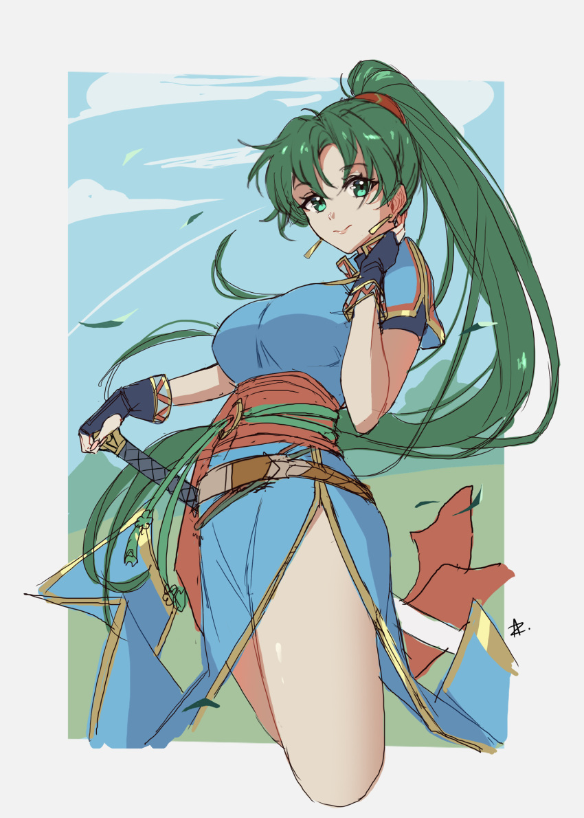 1girl black_gloves blue_dress blue_sky closed_mouth dress earrings english_commentary fingerless_gloves fire_emblem fire_emblem:_the_blazing_blade gloves green_eyes green_hair highres jewelry long_hair looking_at_viewer lyn_(fire_emblem) ponytail short_sleeves sky solo sword very_long_hair weapon zedoraart