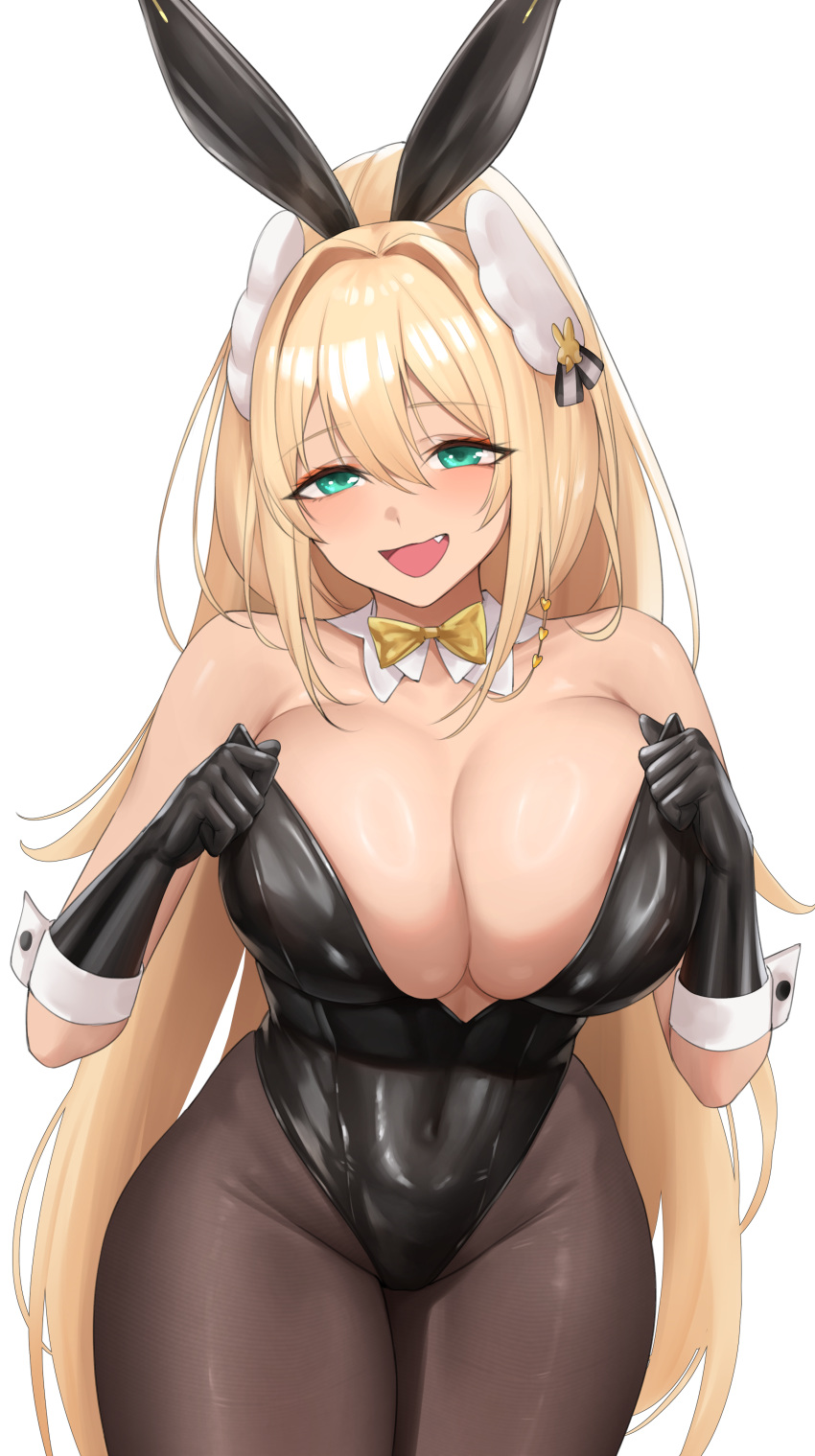 1girl absurdres animal_ears bare_shoulders black_gloves black_leotard blonde_hair blush bow bowtie breasts brown_pantyhose cleavage detached_collar fake_animal_ears fang gloves goddess_of_victory:_nikke green_eyes hair_between_eyes hair_intakes hair_ornament highleg highleg_leotard highres huge_breasts kurone_rinka leotard long_hair looking_at_viewer official_alternate_costume open_mouth pantyhose playboy_bunny rabbit_ears revision rupee_(nikke) rupee_(rabbit_deluxe)_(nikke) shiny_skin sidelocks skindentation smile solo very_long_hair yellow_bow yellow_bowtie