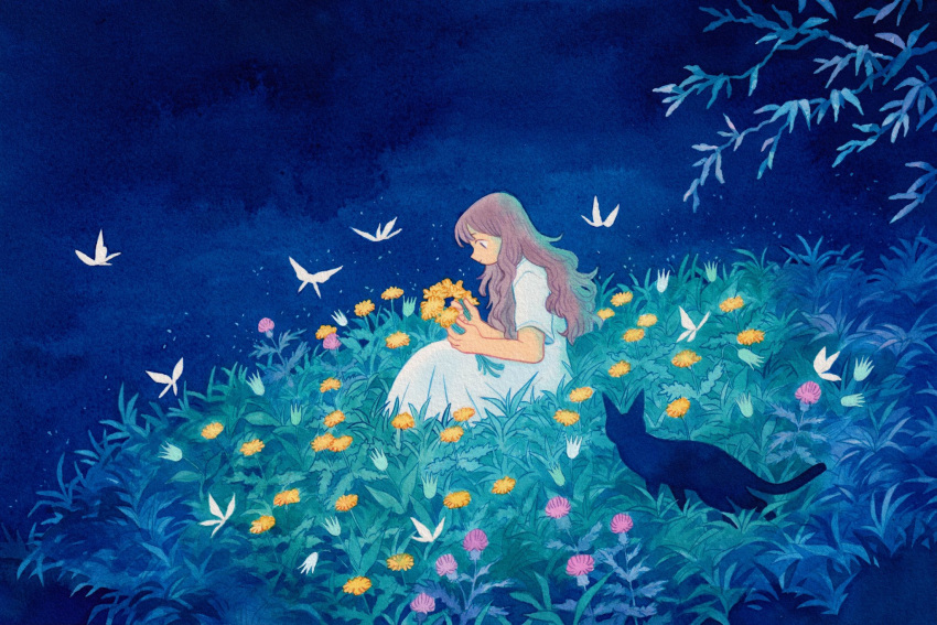 1girl black_cat blue_background brown_hair bug butterfly cat dandelion dress flower heikala highres holding holding_flower night night_sky on_grass original outdoors profile short_sleeves sitting sky thistle tree white_butterfly white_dress