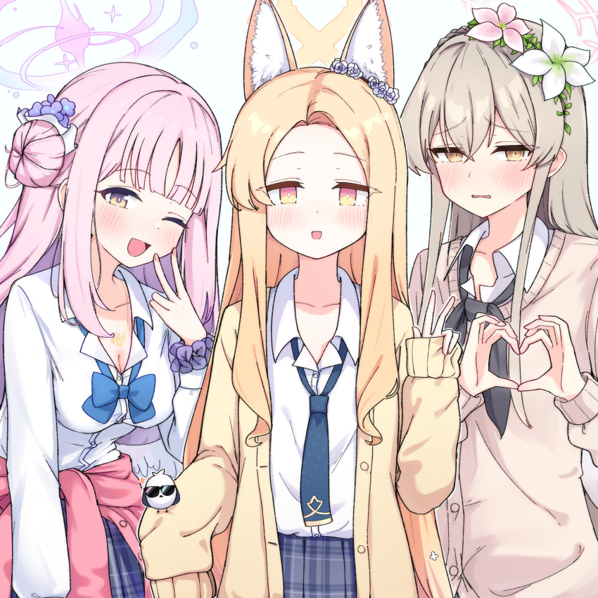 3girls absurdres animal animal_ears bird black_necktie black_skirt blonde_hair blue_archive blue_bow blue_bowtie blush bow bowtie breasts buttons caffeinechara cardigan cleavage collared_shirt extra_ears flower fox_ears hair_between_eyes hair_bun hair_flower hair_ornament halo heart heart_hands highres large_breasts light_brown_hair long_sleeves looking_at_viewer mika_(blue_archive) multiple_girls nagisa_(blue_archive) necktie one_eye_closed open_cardigan open_clothes open_mouth pink_flower pink_hair pink_halo pleated_skirt purple_flower purple_scrunchie scrunchie seia_(blue_archive) shirt simple_background single_side_bun skirt sleeves_past_fingers sleeves_past_wrists small_breasts smile tea_party_(blue_archive) white_background white_bird white_shirt wrist_scrunchie yellow_cardigan yellow_eyes yellow_halo