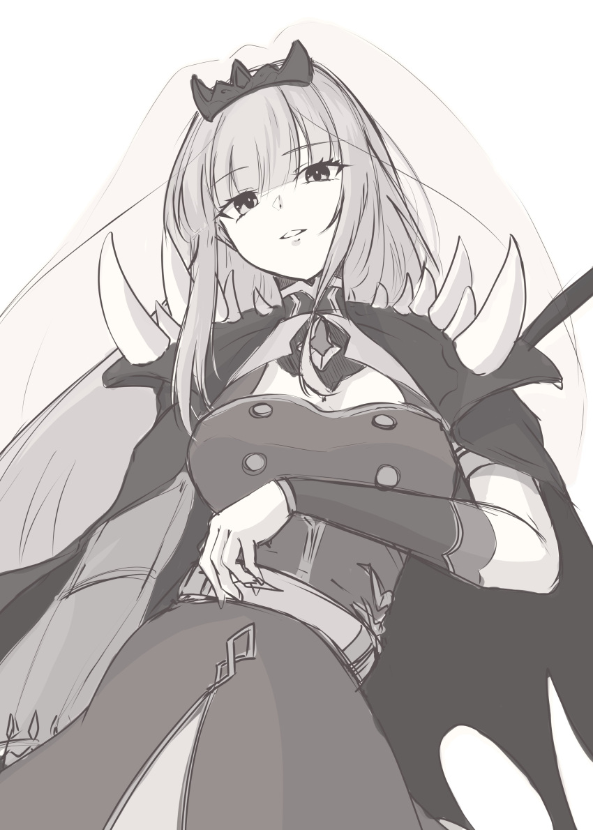 1girl absurdres belt bracer breasts cape cleavage_cutout clothing_cutout floating_hair greyscale head_tilt highres hololive hololive_english long_hair looking_at_viewer medium_breasts monochrome mori_calliope mori_calliope_(1st_costume) parted_lips sidelocks smile solo spikes tiara veil virtual_youtuber waju220