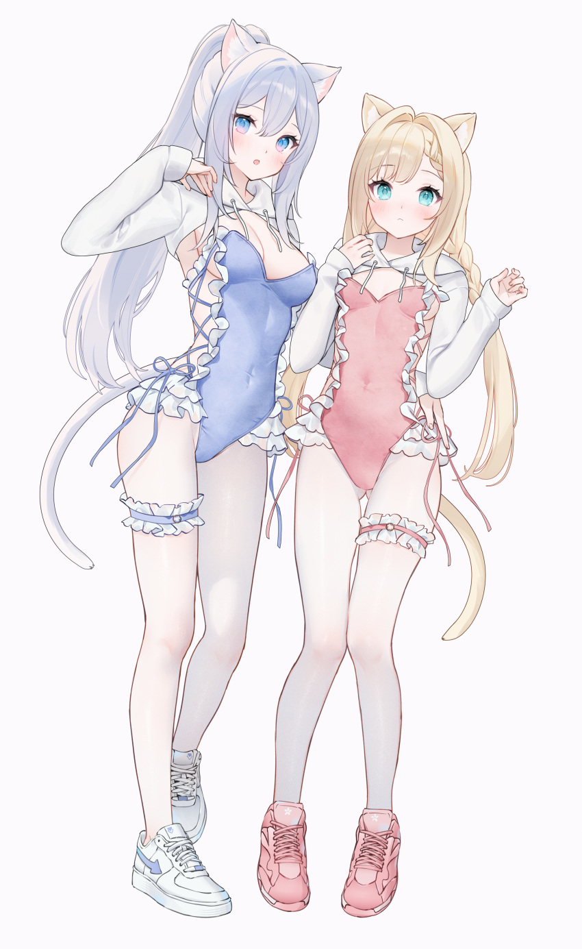 2girls :o absurdres animal_ears aqua_eyes arm_around_waist ass_visible_through_thighs blonde_hair blue_eyes blue_leotard blush braid breasts bridal_garter cat_ears cat_girl cat_tail cleavage closed_mouth covered_navel cross-laced_clothes grey_hair hair_intakes highres leotard long_hair long_sleeves looking_at_viewer low_twintails medium_breasts multiple_girls nami_(nyaa) open_mouth original pantyhose pink_footwear pink_leotard ponytail shoes shrug_(clothing) simple_background small_breasts sneakers tail thigh_gap twin_braids twintails white_background white_footwear white_pantyhose