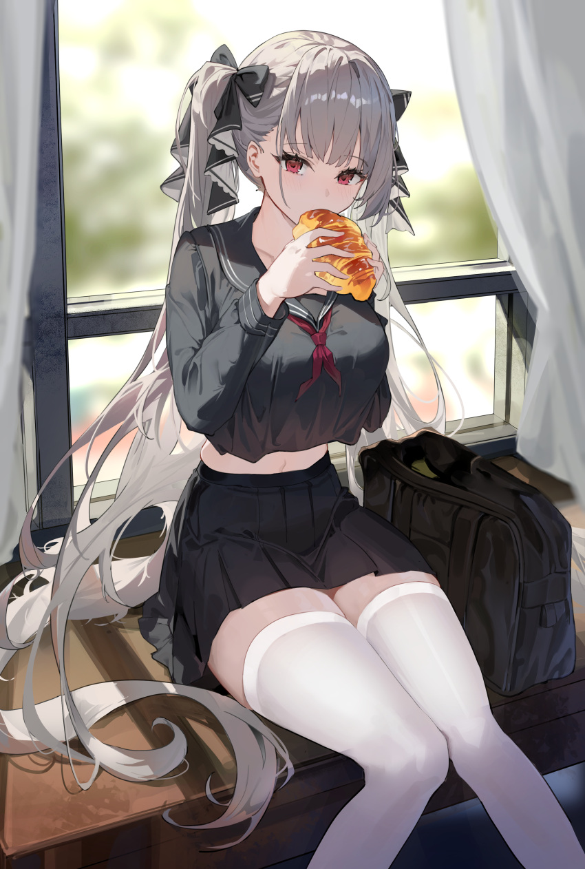 1girl absurdres azur_lane black_bag black_serafuku black_shirt black_skirt breasts commentary_request crop_top food food_in_mouth formidable_(azur_lane) formidable_(the_lover's_heart_flutters_on_duty)_(azur_lane) grey_hair hair_ornament highres holding holding_food indoors long_hair long_sleeves looking_at_viewer maanu midriff navel neckerchief official_alternate_costume on_table pleated_skirt red_eyes red_neckerchief school_uniform serafuku shirt sitting skindentation skirt solo table thighhighs thighs twintails very_long_hair white_thighhighs zettai_ryouiki