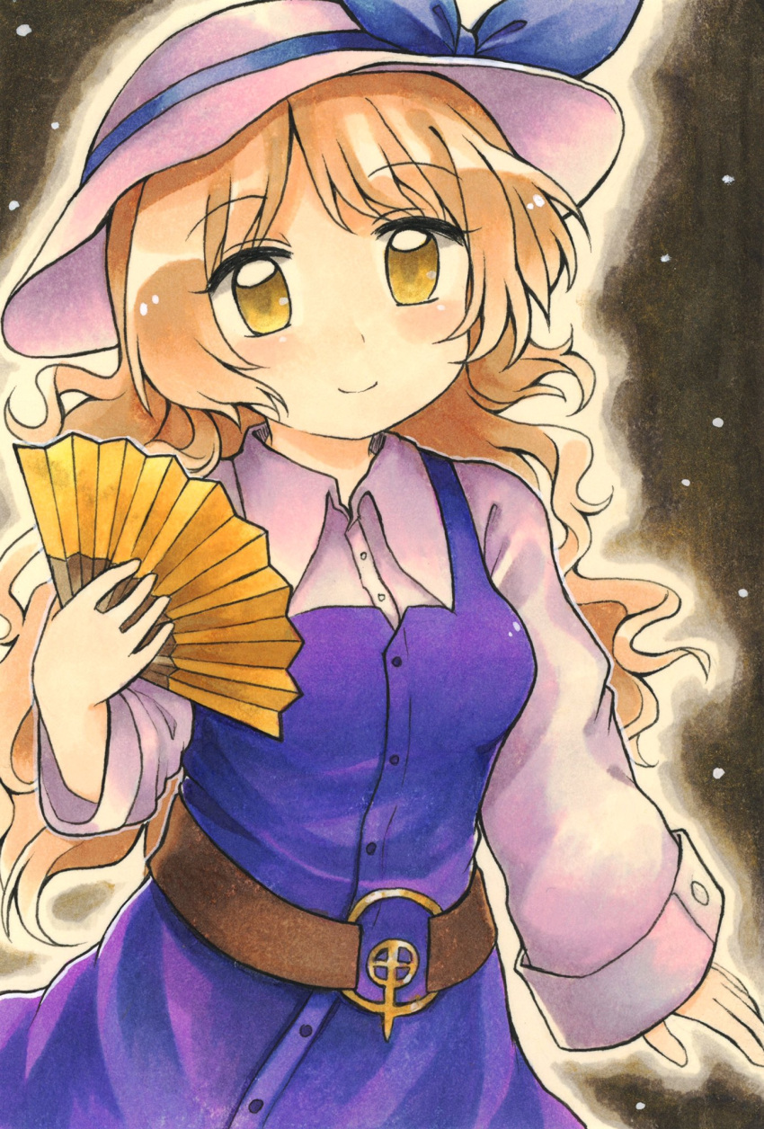 1girl belt blonde_hair bow breasts buttons cowboy_shot dress eyebrows_visible_through_hair hand_fan hat hat_bow highres holding holding_fan long_hair long_sleeves looking_at_viewer maa_(forsythia1729) purple_dress shirt single_strap small_breasts smile touhou traditional_media watatsuki_no_toyohime wavy_hair white_headwear white_shirt yellow_eyes