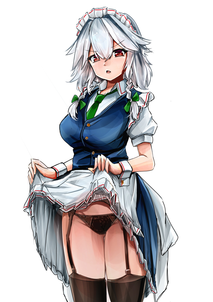 1girl 3books absurdres apron ass_visible_through_thighs black_panties black_thighhighs blue_skirt blue_vest bow braid breasts buttons clothes_lift collared_shirt commentary_request cowboy_shot frilled_apron frilled_skirt frills frown garter_straps green_bow green_necktie grey_hair groin hair_between_eyes hair_bow highres izayoi_sakuya large_breasts lifted_by_self looking_at_viewer maid maid_apron maid_headdress medium_hair necktie open_mouth panties red_eyes shirt short_sleeves simple_background skirt skirt_lift solo standing thigh_gap thighhighs thighs touhou twin_braids underwear v-shaped_eyebrows vest white_apron white_background white_shirt wrist_cuffs