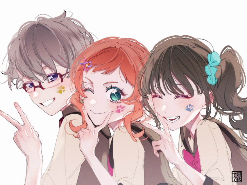 1boy 2girls animal_hands aoi_tete brown_hair close-up closed_eyes curly_hair dog_paws facepaint from_side glasses green_eyes hair_ornament hairpin highres inukai_iroha long_hair medium_hair multiple_girls nekoyashiki_mayu one_eye_closed open_mouth orange_hair paint parted_bangs precure purple_eyes school_uniform short_hair side_ponytail smile teeth toyama_satoru trio upper_body v wonderful_precure!