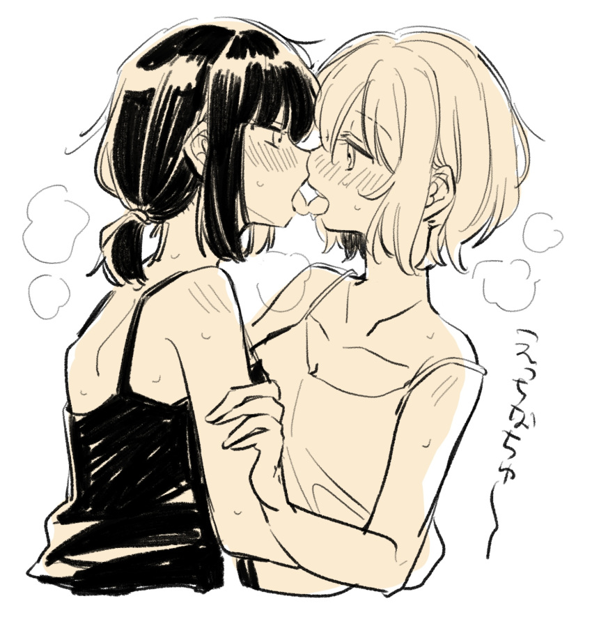 2girls alternate_hairstyle aoba_moca bang_dream! camisole eye_contact french_kiss hand_on_another's_arm highres kiss looking_at_another mitake_ran monochrome multiple_girls short_hair short_ponytail sketch strap_slip sweat tongue tongue_out upper_body yuri zawameki