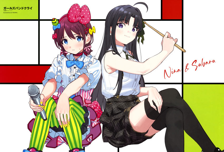 absurdres ahoge artist_name awa_subaru black_hair black_shorts black_thighhighs blue_bow blue_bowtie blue_eyes blush bow bowtie breasts brown_hair character_name choker closed_mouth collared_shirt copyright_name dress_shirt drumsticks girls_band_cry green_pantyhose hair_bow hair_ornament hairband hairclip highres holding holding_drumsticks holding_microphone iseri_nina long_hair looking_at_viewer medium_breasts microphone nail_polish official_art pantyhose parted_bangs pink_skirt plaid plaid_shorts purple_eyes red_choker shirt short_hair short_sleeves shorts sidelocks sitting skirt striped_clothes striped_pantyhose suspender_shorts suspenders sweatdrop teshima_nari thighhighs yellow_nails