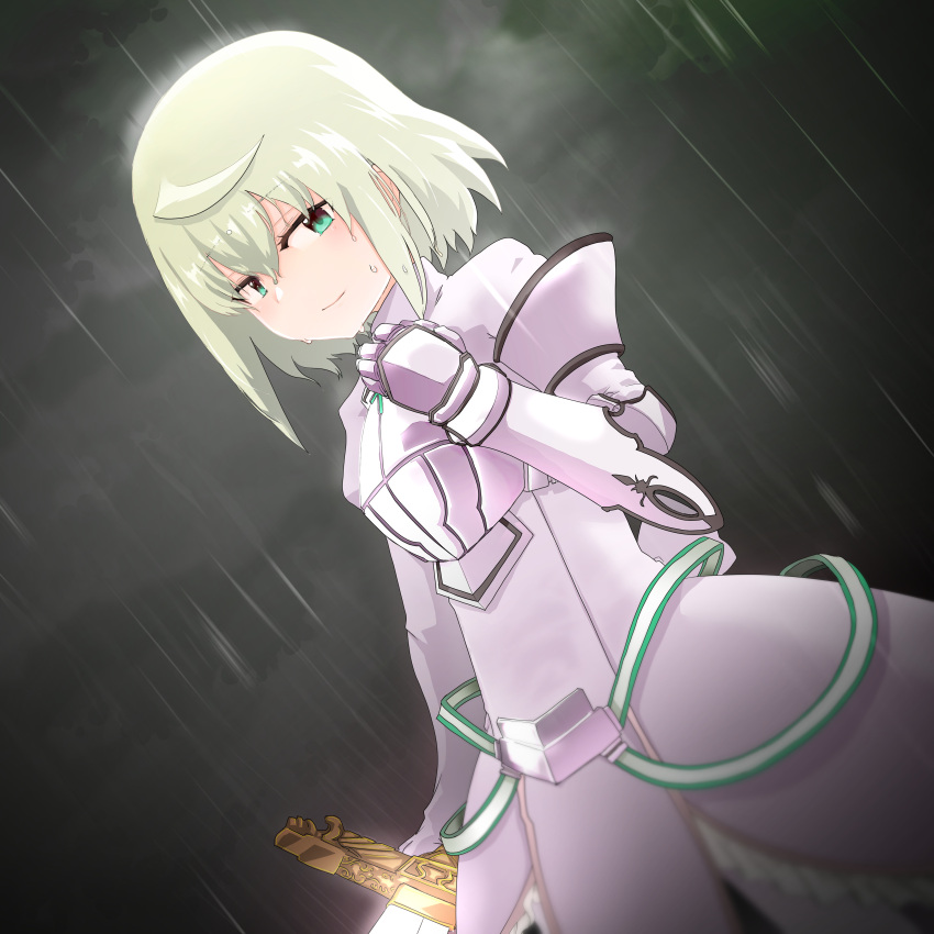 1girl absurdres armor blonde_hair breastplate green_eyes highres jeanne_d'arc_(tart_magica) looking_to_the_side magical_girl mahou_shoujo_madoka_magica mahou_shoujo_tart_magica pauldrons rain short_hair shoulder_armor solo sonohi210 soul_gem