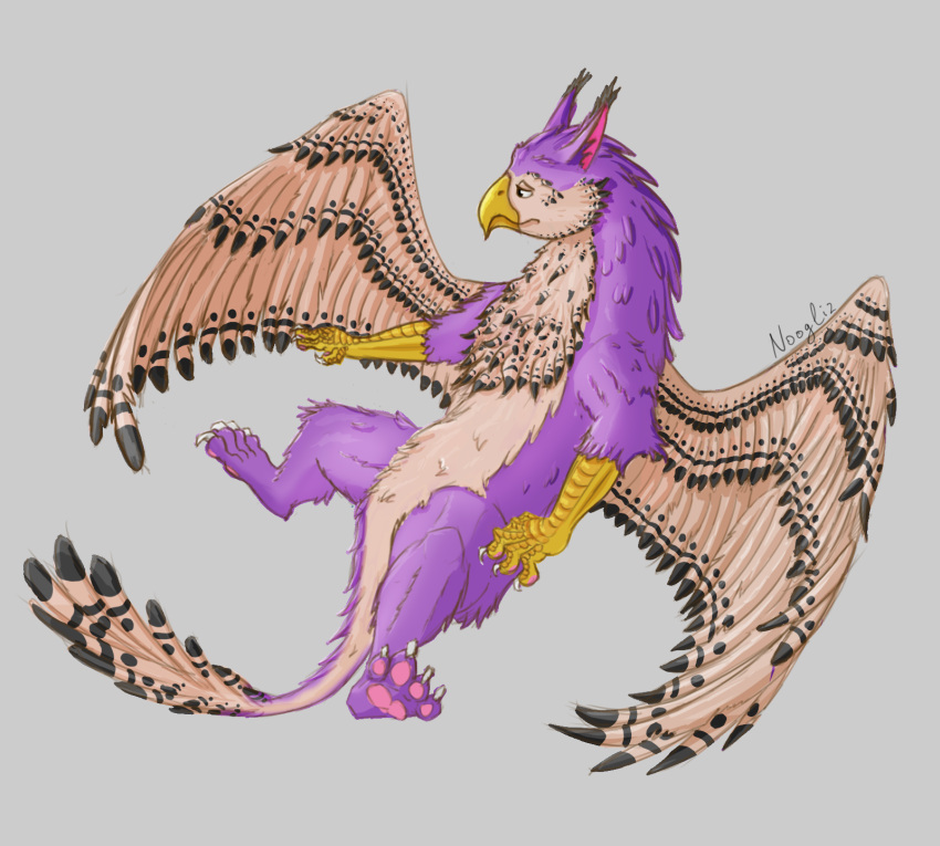 avian feathered_wings feathers feral flying gryphon hi_res male mythological_avian mythological_creature mythology noogliz pawpads paws purple_body purple_feathers solo wings