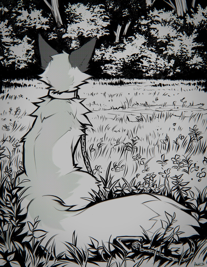 2024 ambiguous_gender canid canine collar detailed_background digital_media_(artwork) falvie feral flower fox fur grass hi_res leash leashed_collar mammal monochrome outside plant signature solo the_fox_(falvie) tree