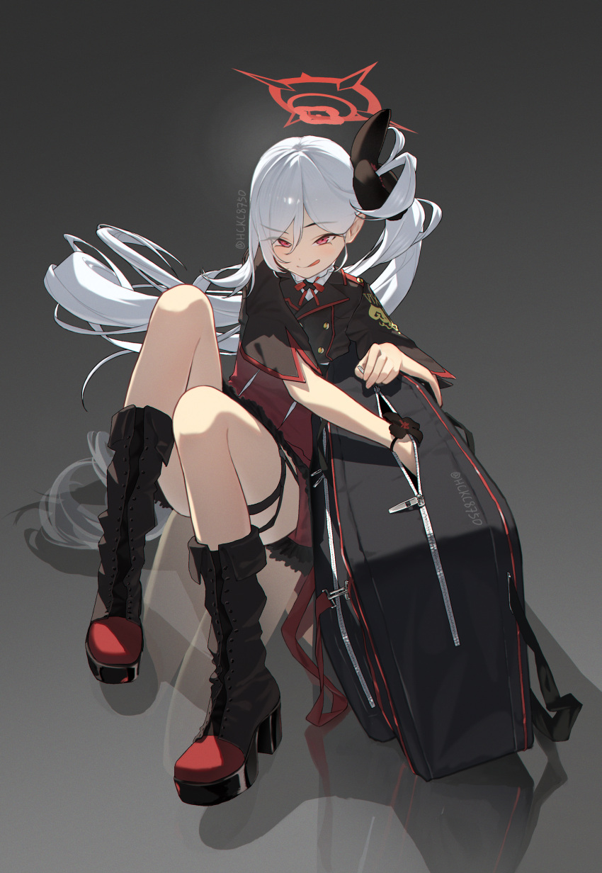 1girl :q absurdres black_bag black_footwear black_shirt blue_archive chinese_commentary commentary_request cropped_shirt full_body gradient_background grey_background grey_hair halo hckc8750 highres long_hair looking_at_viewer mutsuki_(blue_archive) pink_eyes red_halo shirt side_ponytail sitting smile solo tongue tongue_out twitter_username