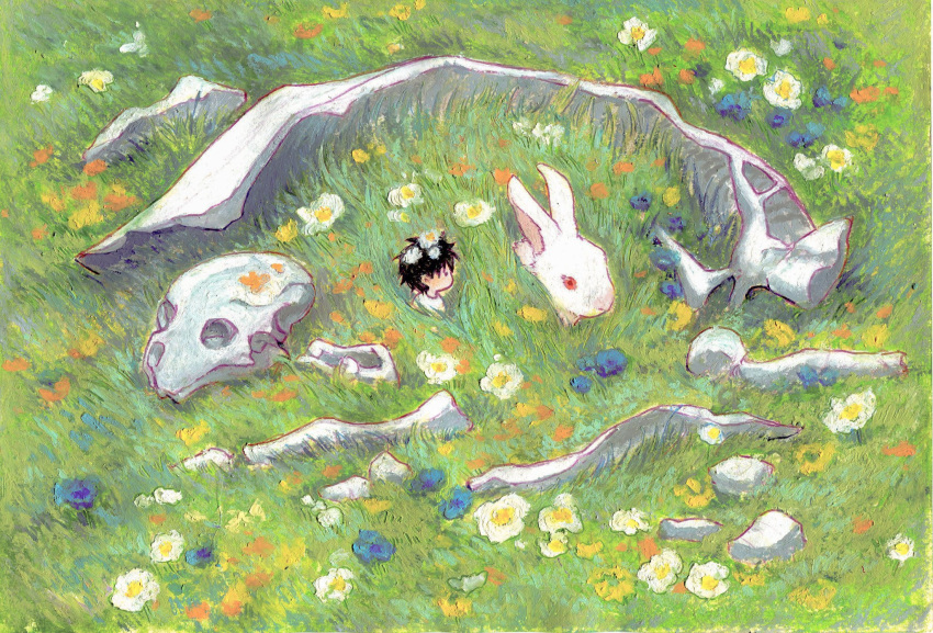 animal animal_skull black_hair flower from_above grass hair_flower hair_ornament highres nihiru0513 original outdoors painting_(medium) plant rabbit red_eyes size_difference traditional_media white_fur white_rabbit_(animal)