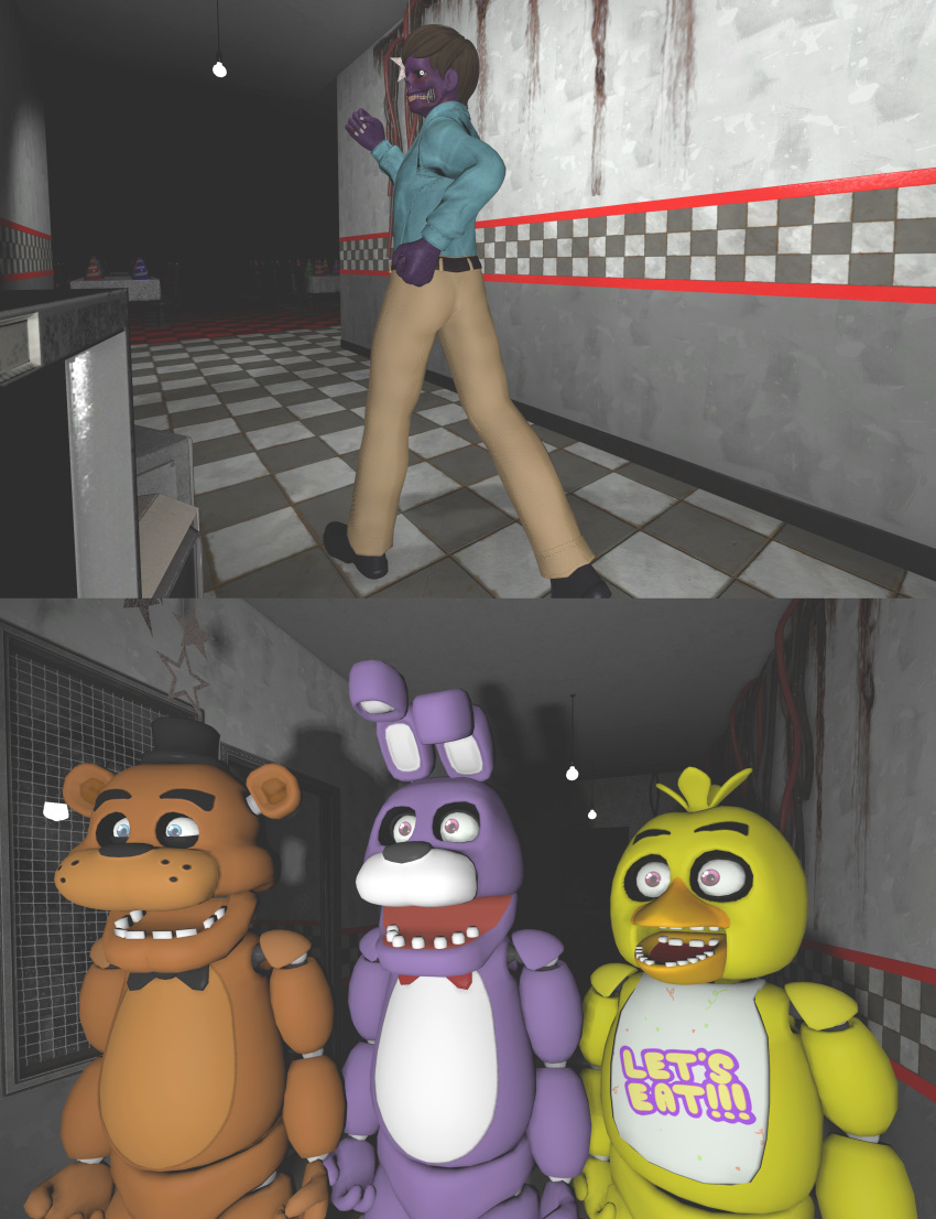 3d_(artwork) absurd_res avian axel_in_harlem bear bib bird bonnie_(fnaf) chica_(fnaf) chicken clothed clothing digital_media_(artwork) female five_nights_at_freddy's freddy_(fnaf) galliform gallus_(genus) group hat headgear headwear hi_res human inside lagomorph leporid male mammal meme michael_afton open_mouth phasianid rabbit running scottgames standing teeth yuuki_momofox