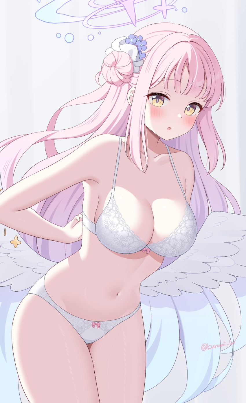 1girl angel_wings blue_archive blush bra breasts cleavage cowboy_shot feathered_wings flower hair_bun hair_flower hair_ornament halo highres kurumi_lm large_breasts long_hair looking_at_viewer mika_(blue_archive) navel open_mouth panties pink_hair pink_halo purple_flower single_side_bun solo underwear underwear_only white_bra white_panties white_wings wings yellow_eyes