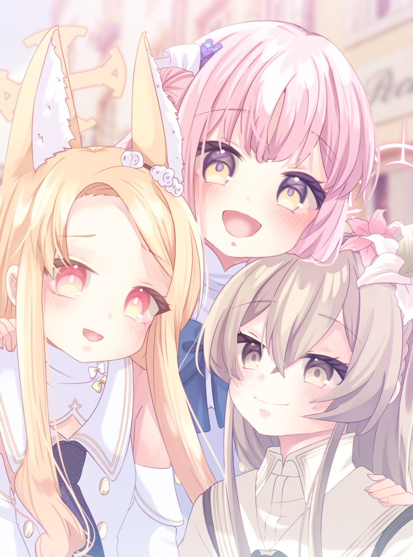 3girls animal_ears blonde_hair blue_archive blurry blurry_background blush detached_sleeves dress extra_ears flower forehead fox_ears hair_bun hair_flower hair_ornament halo highres light_brown_hair looking_at_viewer mika_(blue_archive) multiple_girls nagisa_(blue_archive) outdoors pink_hair seia_(blue_archive) sidelocks single_side_bun smile tea_party_(blue_archive) white_dress yahagi_(yui1251)