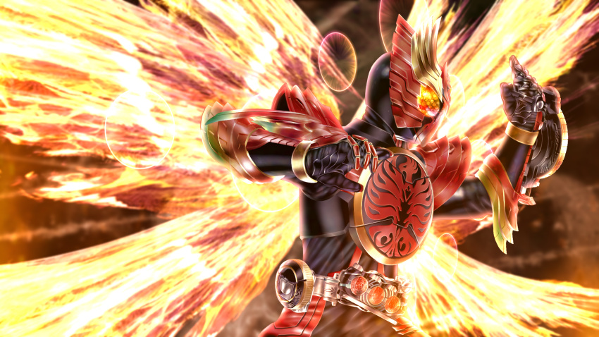 1boy 1girl armor belt bird compound_eyes core_medal fiery_wings fighting_stance fire glowing glowing_eyes helmet highres kamen_rider kamen_rider_ooo kamen_rider_ooo_(series) kuzurx male_focus multiple_wings o_medal phoenix red_armor red_eyes rider_belt shield solo taja_spinner tajador_(ooo_combo) tokusatsu wings