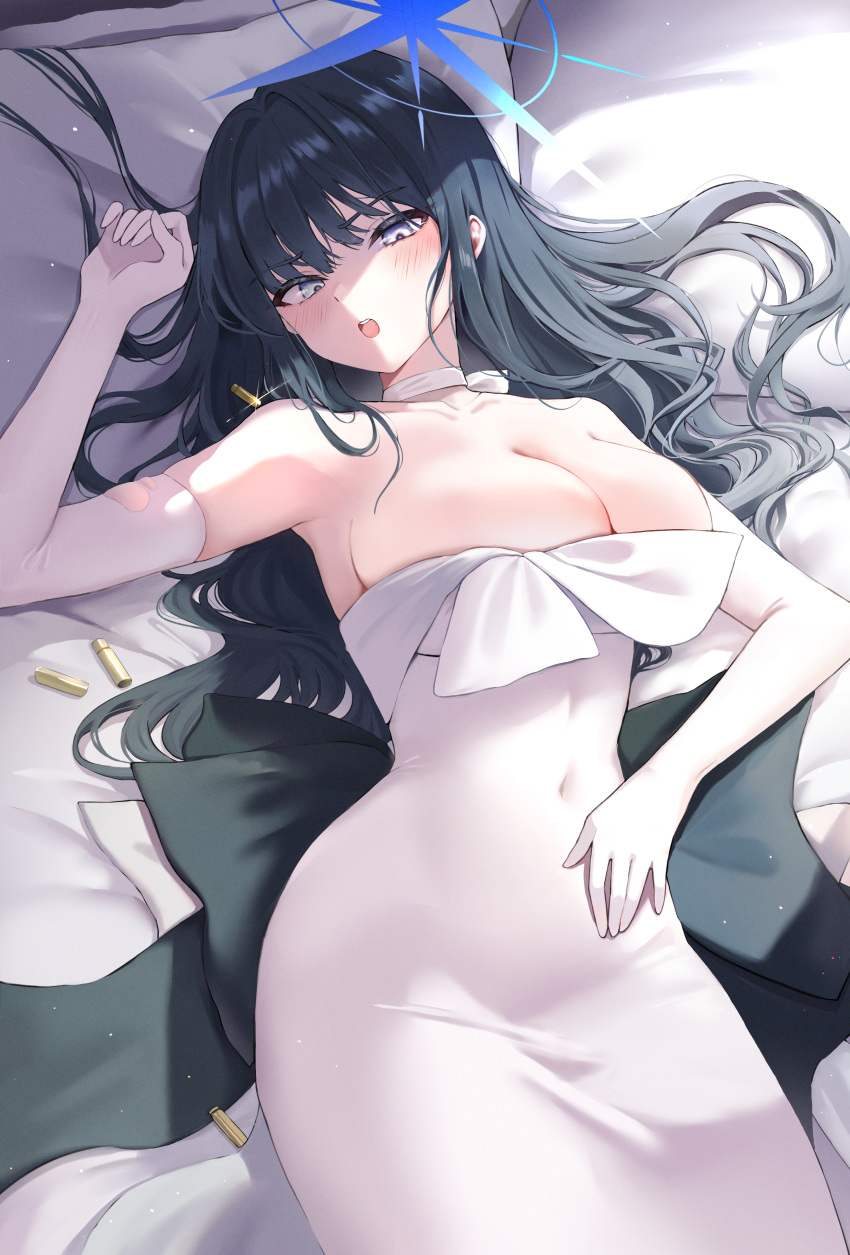 1girl absurdres bed_sheet black_hair blue_archive blue_eyes blue_halo blush breasts choker cleavage collarbone covered_navel dress elbow_gloves fankey gloves halo highres korean_commentary large_breasts long_hair lying official_alternate_costume on_back open_mouth saori_(blue_archive) saori_(dress)_(blue_archive) solo strapless strapless_dress torn_clothes torn_gloves white_choker white_dress white_gloves