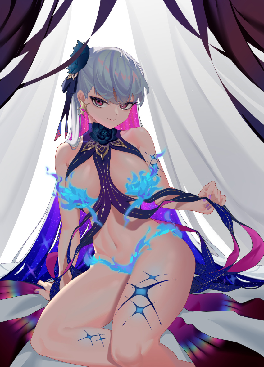 1girl absurdres bangs bare_shoulders blue_fire blue_hair blush body_markings breasts curtains doufu_(pixiv9093484) earrings fate/grand_order fate_(series) fire flower hair_flower hair_ornament hair_ribbon highres jewelry kama_(fate) kama_(swimsuit_avenger)_(fate) large_breasts long_hair looking_at_viewer lotus multicolored_hair navel red_eyes revealing_clothes ribbon silver_hair sitting smile solo star_(symbol) star_earrings thighs two-tone_hair