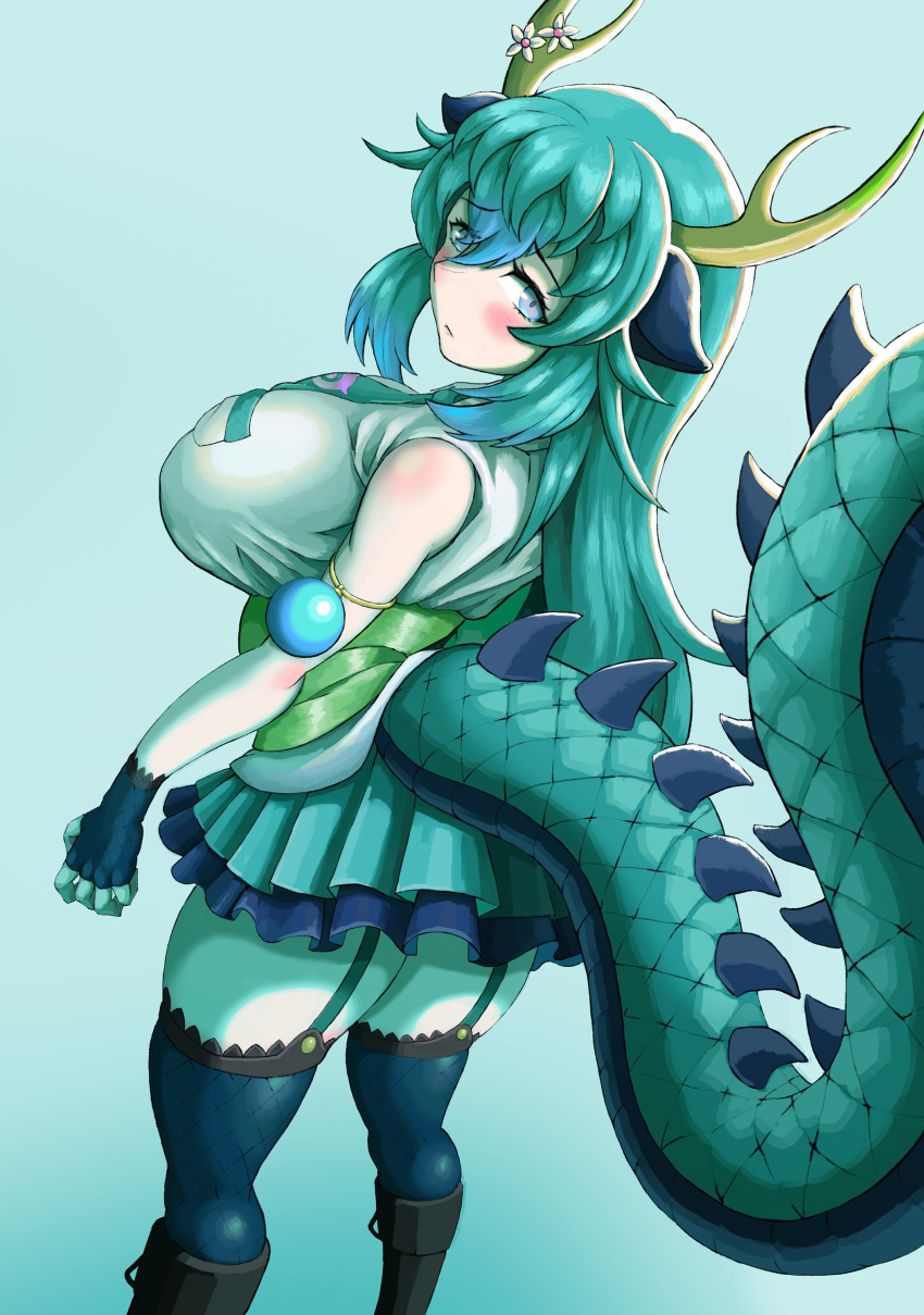 1girl absurdres bare_shoulders blue_dragon_(kemono_friends) blue_eyes blue_hair blush breasts ciapolilla collared_shirt dragon_ears dragon_girl dragon_horns dragon_tail extra_ears fingerless_gloves fishnet_gloves fishnets gloves hair_between_eyes highres horns huge_breasts kemono_friends kemono_friends_3 long_hair looking_at_viewer necktie shirt skirt sleeveless solo tail thighhighs yellow_horns