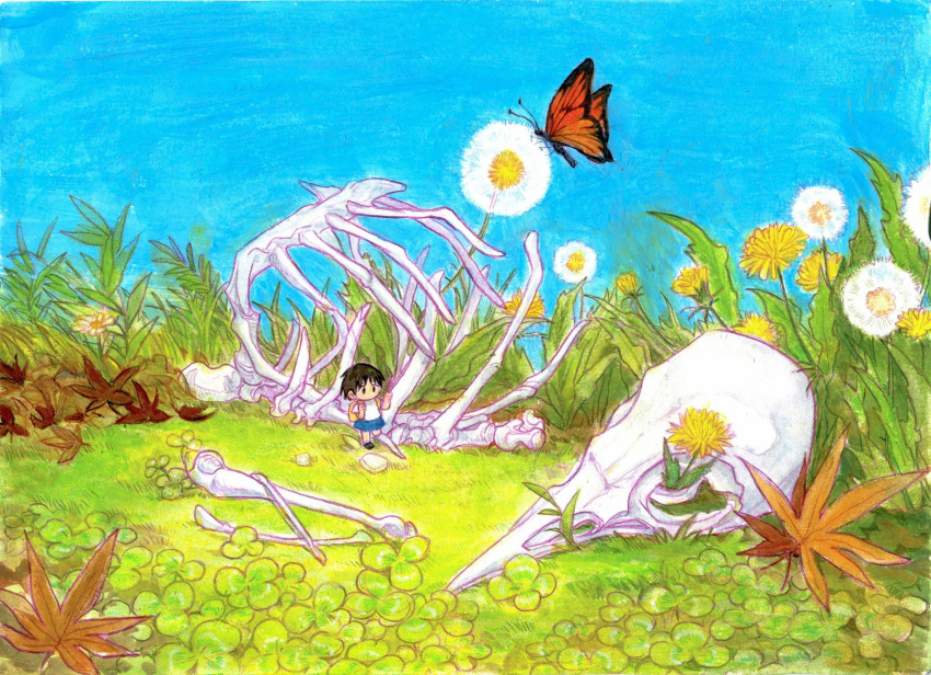 1girl animal animal_skeleton animal_skull backpack bag bird_skull black_hair blue_skirt blue_sky bone bug butterfly clover dandelion flower grass highres nihiru0513 original outdoors painting_(medium) plant shirt shoes skirt sky traditional_media watercolor_(medium) white_shirt