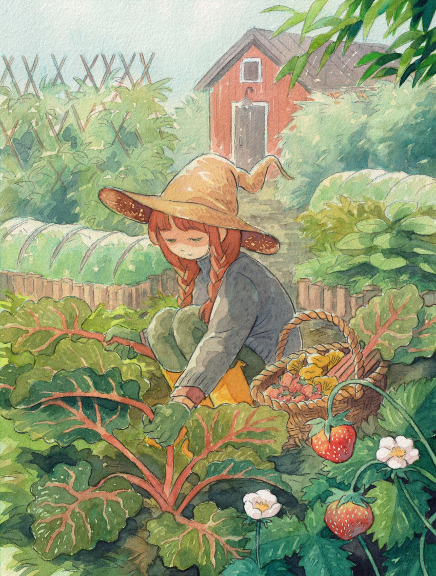 1girl barn boots braid brown_hat chard flower food fruit garden gardening gloves green_gloves green_pants grey_sweater hat heikala highres holding holding_food holding_leaf leaf mushroom orange_hair original outdoors painting_(medium) pants plant planter rubber_boots solo strawberry strawberry_blossoms sweater traditional_media trellis twin_braids watercolor_(medium) witch_hat yellow_footwear