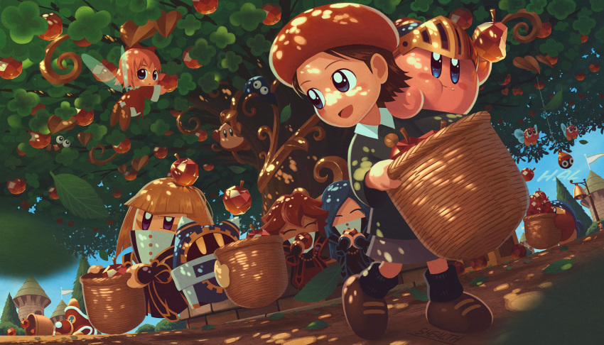 5girls 5health adeleine apple artist_name bandana bandana_waddle_dee basket bell beret blonde_hair blue_eyes blue_hair blue_sky bronto_burt brown_hair capiller_(kirby) carrying caterpillar closed_eyes commentary_request company_name eating fairy fairy_wings flag flamberge_(kirby) food francisca_(kirby) fruit fruit_basket gem_apple gooey hat helmet highres king_dedede kirby kirby_(series) leaf long_hair magolor multiple_girls pink_hair pupa_(kirby) purple_eyes red_hair ribbon_(kirby) shadow short_hair sky sunlight super_kirby_clash tree waddle_dee wings yellow_eyes zan_partizanne