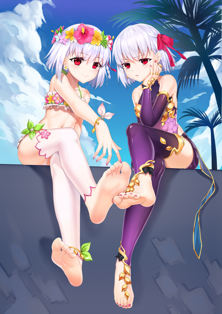 2girls absurdres anklet armlet armor bangs bare_shoulders barefoot barefoot_sandals bikini bikini_armor blue_sky blush bracelet breasts collar collarbone commentary_request crossed_legs detached_leggings detached_sleeves dress dual_persona earrings eyebrows_visible_through_hair fate/grand_order fate_(series) feet floral_print flower_wreath foot_focus foreshortening green_bikini hair_ribbon head_wreath highres jewelry kama_(fate) kama_(swimsuit_avenger)_(fate) legs looking_at_viewer metal_collar miniskirt multiple_girls nail_polish navel palm_tree pelvic_curtain pink_nails purple_dress purple_legwear purple_skirt purple_sleeves red_eyes ribbon ring short_hair silver_hair sitting skirt sky small_breasts smile soles swimsuit thighlet toenail_polish toenails toes tree white_legwear xo_(xo17800108)