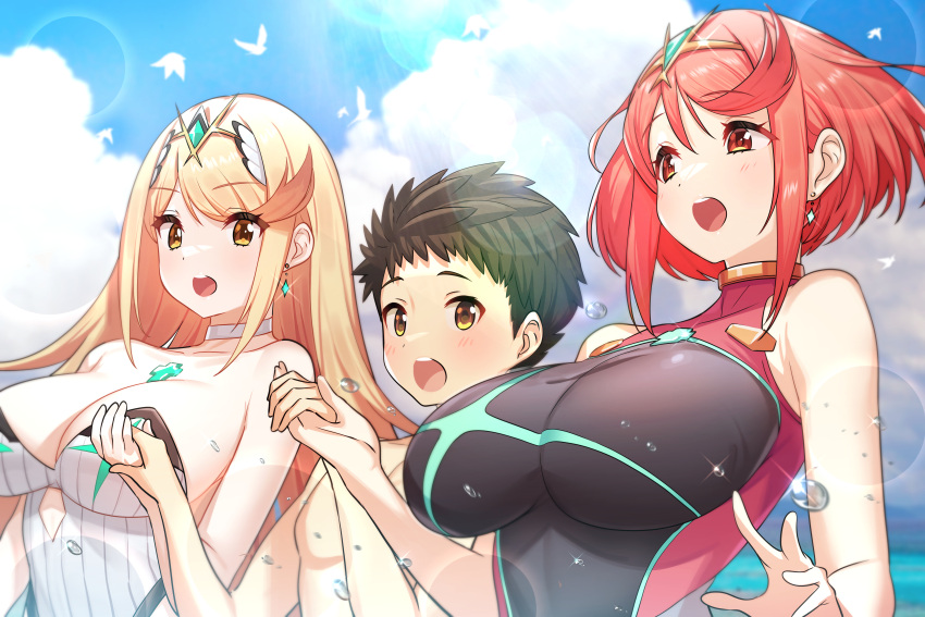 1boy 2girls absurdres bird black_hair black_swimsuit blonde_hair blue_sky breasts cleavage cloud day earrings green322 headpiece highres holding_hands jewelry large_breasts long_hair multiple_girls mythra_(radiant_beach)_(xenoblade) mythra_(xenoblade) one-piece_swimsuit open_mouth pyra_(pro_swimmer)_(xenoblade) pyra_(xenoblade) red_eyes red_hair rex_(cloud_sea_shark)_(xenoblade) rex_(xenoblade) short_hair sky sunlight swimsuit teeth upper_teeth white_swimsuit xenoblade_chronicles_(series) xenoblade_chronicles_2 yellow_eyes