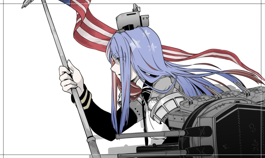 1girl american_flag bangs blue_hair commentary english_commentary flag from_side fujinoki_(horonabe-ken) greyscale headgear holding holding_flag kantai_collection long_hair long_sleeves monochrome multicolored_hair parted_lips profile red_hair rigging sidelocks simple_background solo south_dakota_(kancolle) spot_color star_(symbol) upper_body white_hair