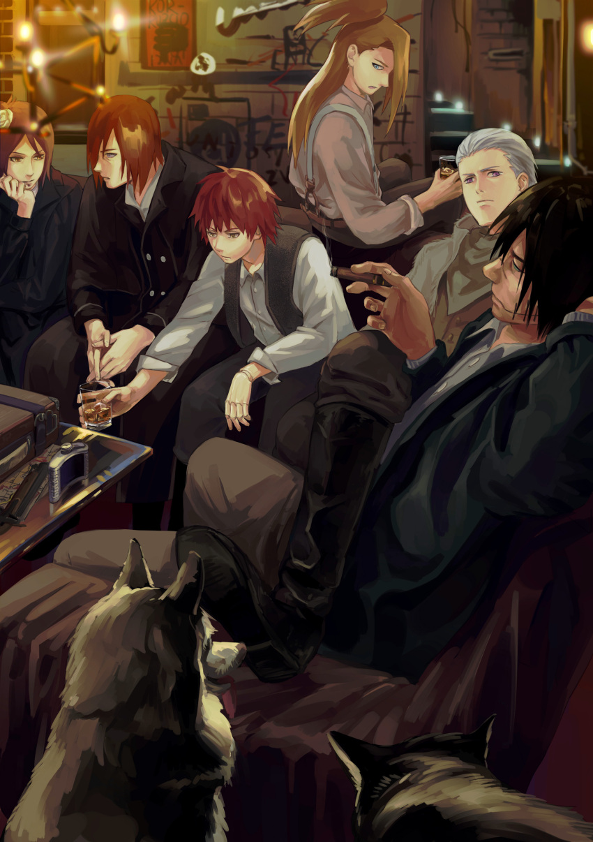 1girl 5boys absurdres akatsuki_(naruto) alcohol bangs black_hair black_jacket black_vest blonde_hair blue_eyes blue_flower cigar closed_eyes closed_mouth couch cup deidara_(naruto) dog drinking_glass flower formal grey_jacket hair_flower hair_ornament hand_on_own_chin hidan_(naruto) highres holding holding_cigar holding_cup indoors jacket kakuzu_(naruto) konan_(naruto) long_hair long_sleeves looking_at_another mafia multiple_boys nagato_(naruto) naruto_(series) naruto_shippuuden polo_shirt ponytail purple_eyes purple_hair red_eyes red_hair rinnegan sasori_(naruto) shirt short_hair shot_glass sitting smoking table vest whiskey white_hair white_shirt yi_(199702090505)