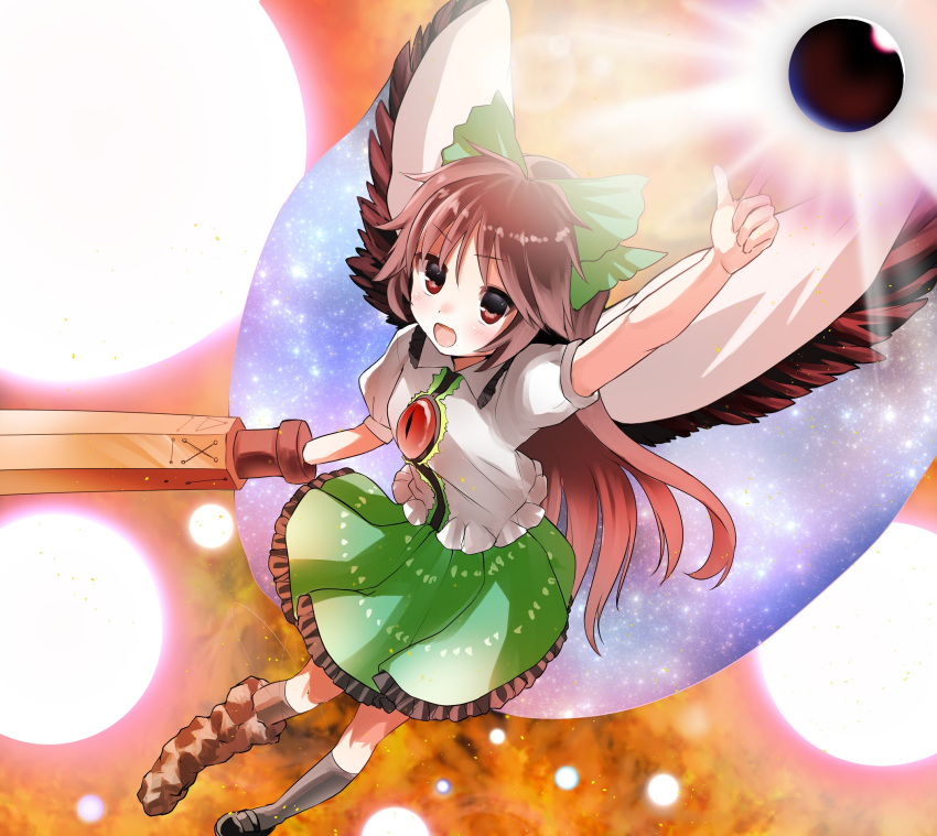 1girl arm_cannon asymmetrical_footwear bangs bird_wings black_legwear black_sun black_wings blouse blush bow brown_eyes brown_hair cape collared_blouse commentary_request control_rod danmaku eyebrows_visible_through_hair fire frilled_skirt frills full_body green_bow green_skirt hair_bow highres kneehighs long_hair looking_at_viewer mismatched_footwear open_mouth ponytail puffy_short_sleeves puffy_sleeves reiuji_utsuho shoes short_sleeves single_shoe skirt smile solo spell_card starry_sky_print sun takepoison third_eye touhou weapon white_blouse white_cape wings